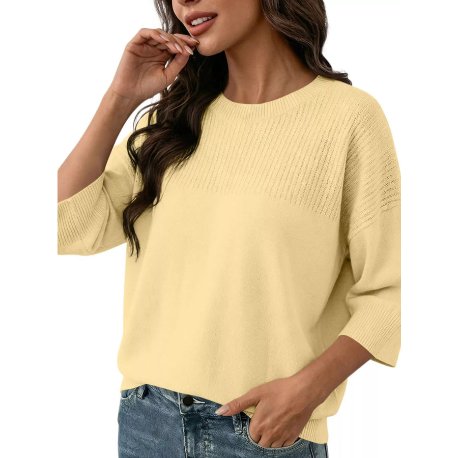 Elegant Crew Neck Eyelet Ribbed Sweater Yellow / S Apparel and Accessories