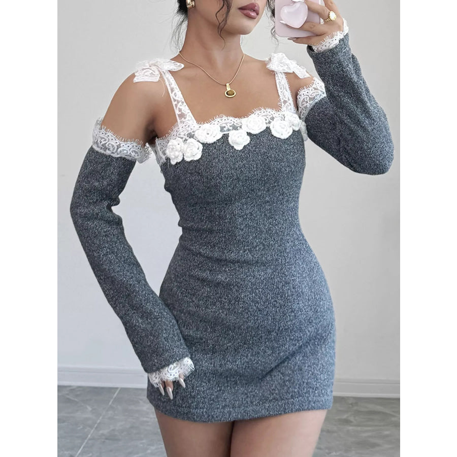 Elegant Crochet Off-Shoulder Lace Trimmed Knit Dress with Detachable Sleeves Apparel and Accessories