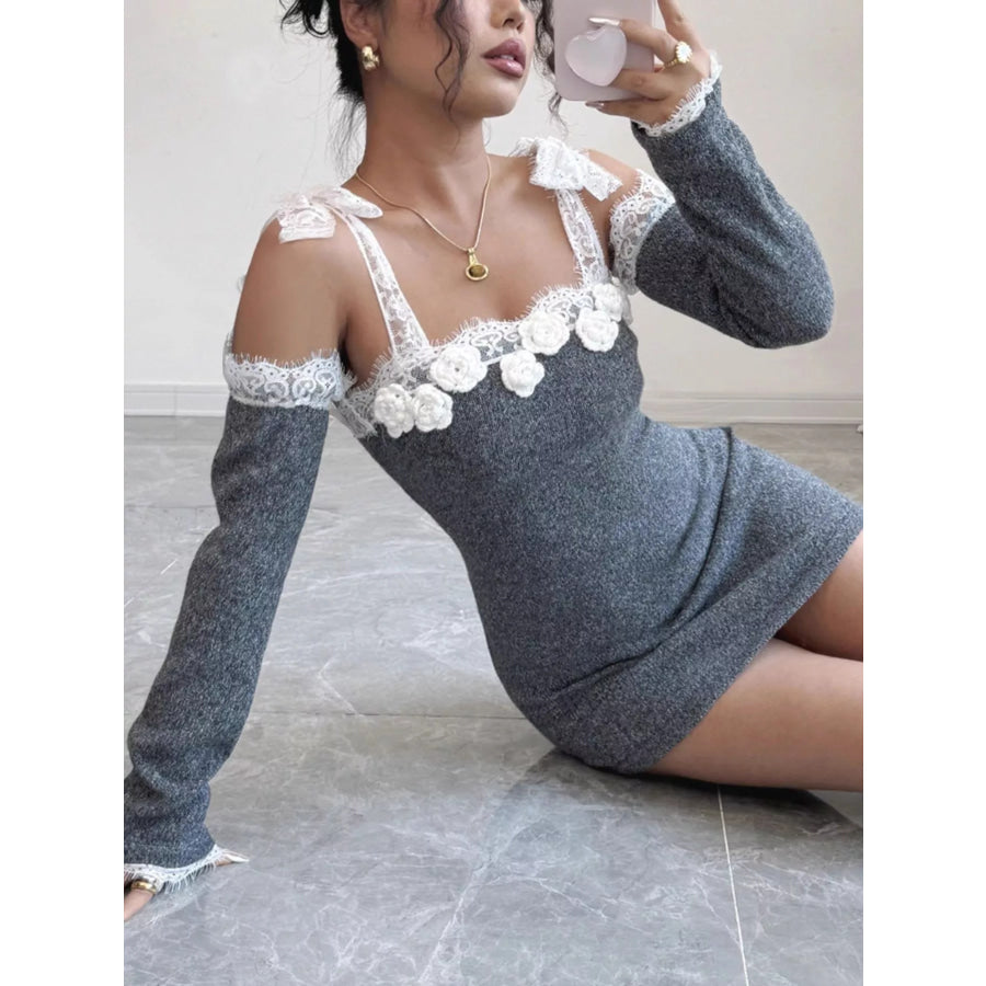 Elegant Crochet Off-Shoulder Lace Trimmed Knit Dress with Detachable Sleeves Apparel and Accessories