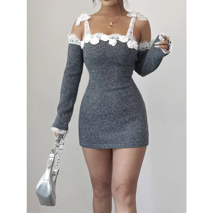 Elegant Crochet Off-Shoulder Lace Trimmed Knit Dress with Detachable Sleeves Apparel and Accessories