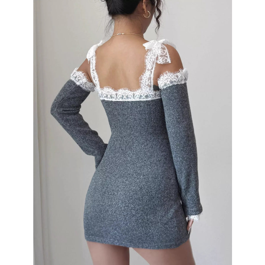 Elegant Crochet Off-Shoulder Lace Trimmed Knit Dress with Detachable Sleeves Apparel and Accessories