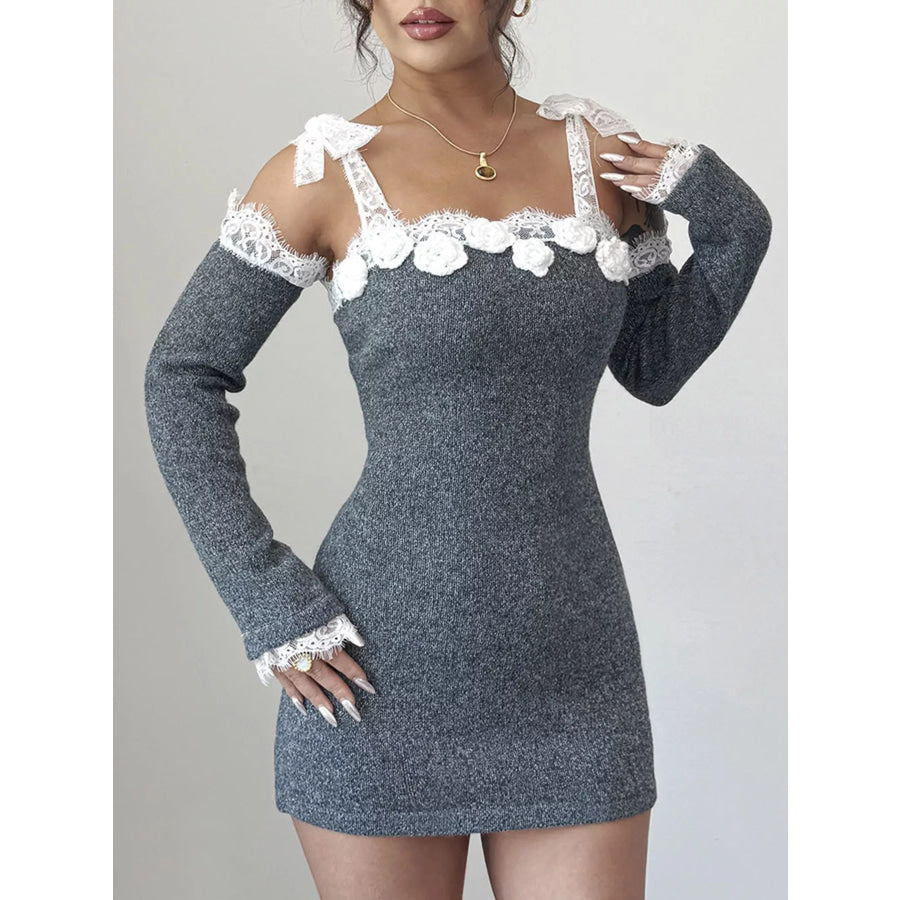 Elegant Crochet Off-Shoulder Lace Trimmed Knit Dress with Detachable Sleeves Gray / S Apparel and Accessories