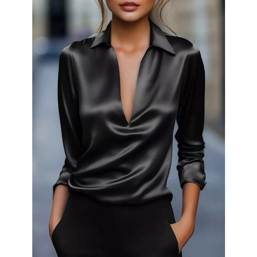 Elegant Deep V Long Sleeve Blouse Black / S Apparel and Accessories