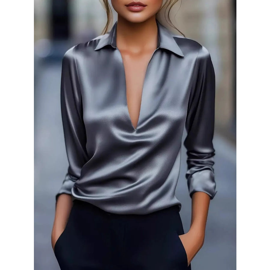 Elegant Deep V Long Sleeve Blouse Dark Gray / S Apparel and Accessories