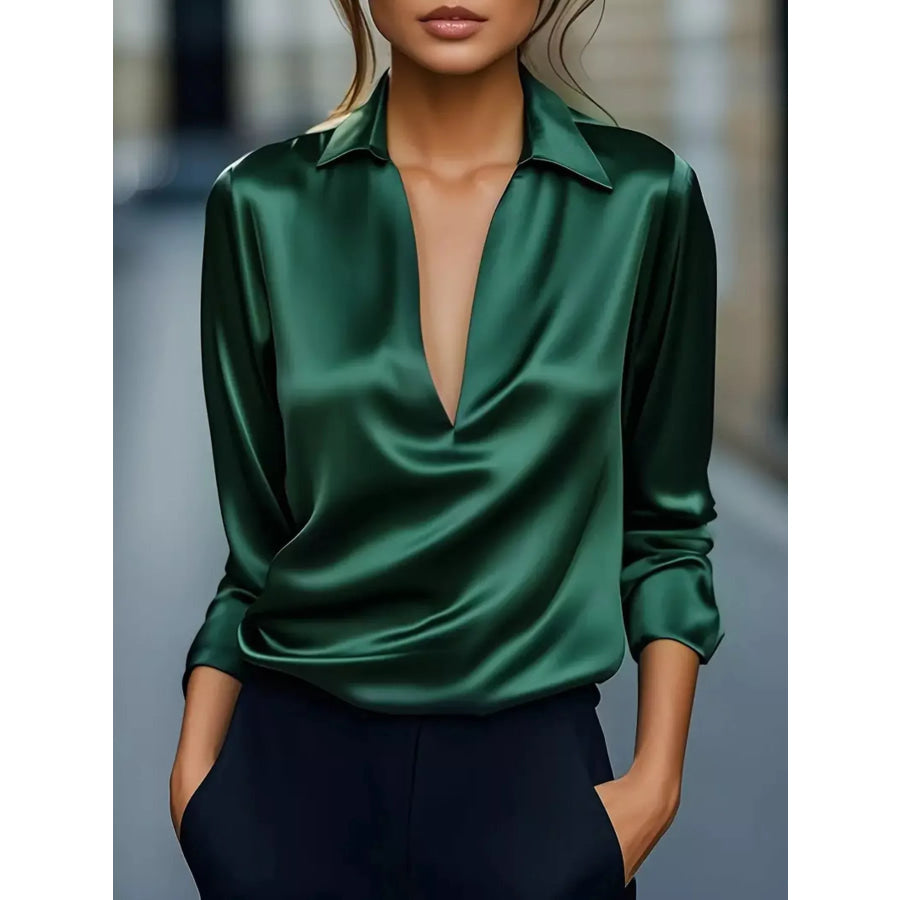 Elegant Deep V Long Sleeve Blouse Green / S Apparel and Accessories