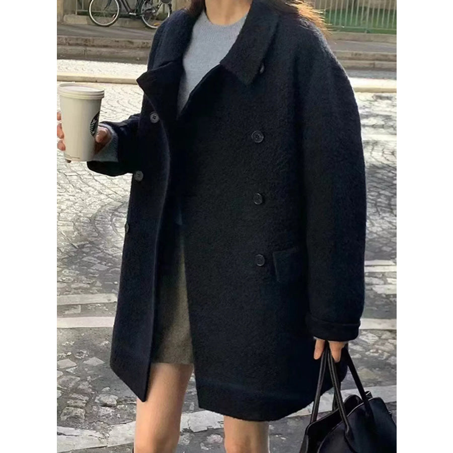 Elegant Double-Breasted Wool-Blend Outerwear Dark Navy / One Size Apparel and Accessories