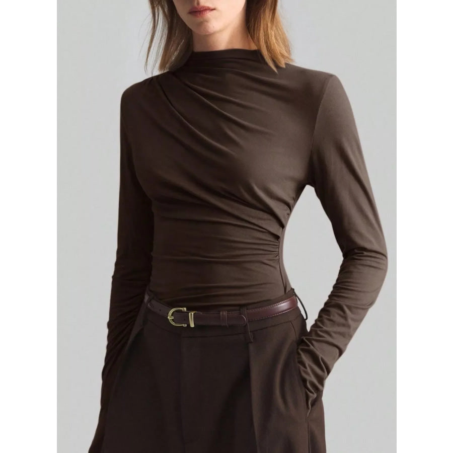 Elegant Drape Front Long Sleeve T-Shirt Chocolate / S Apparel and Accessories
