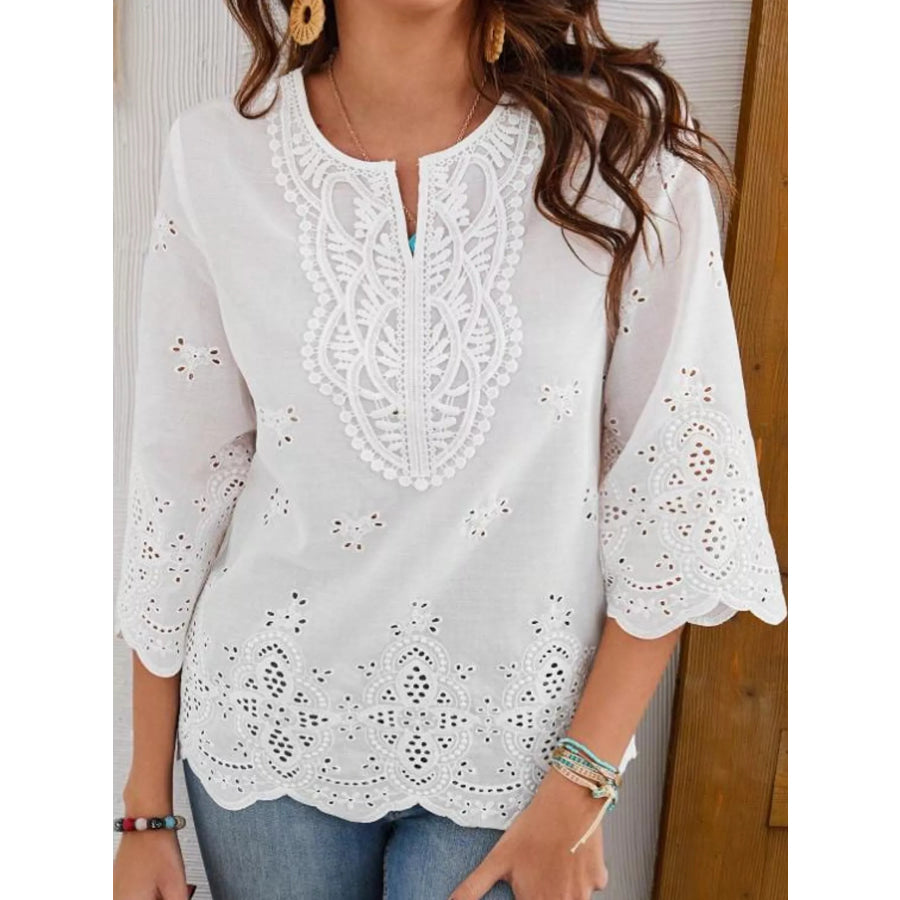 Elegant Eyelet Embroidered V-Neck Blouse Apparel and Accessories