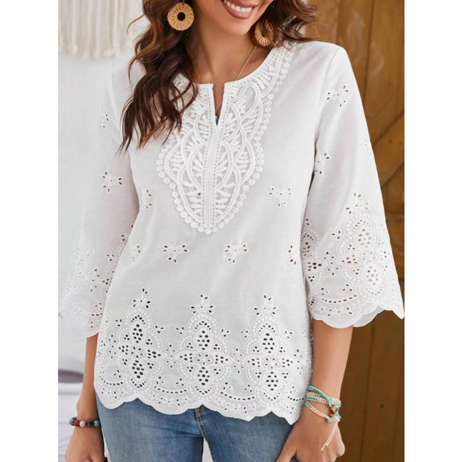 Elegant Eyelet Embroidered V-Neck Blouse Apparel and Accessories