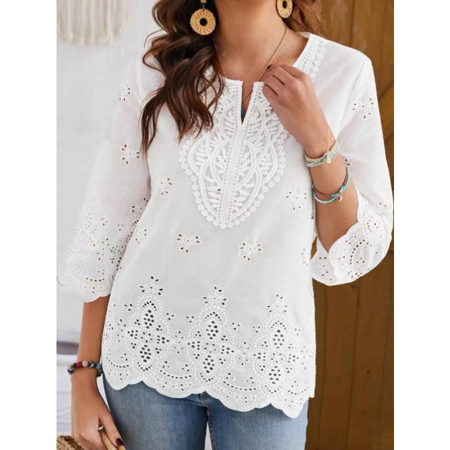 Elegant Eyelet Embroidered V-Neck Blouse Apparel and Accessories
