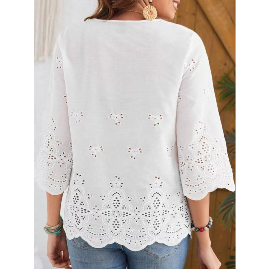 Elegant Eyelet Embroidered V-Neck Blouse Apparel and Accessories