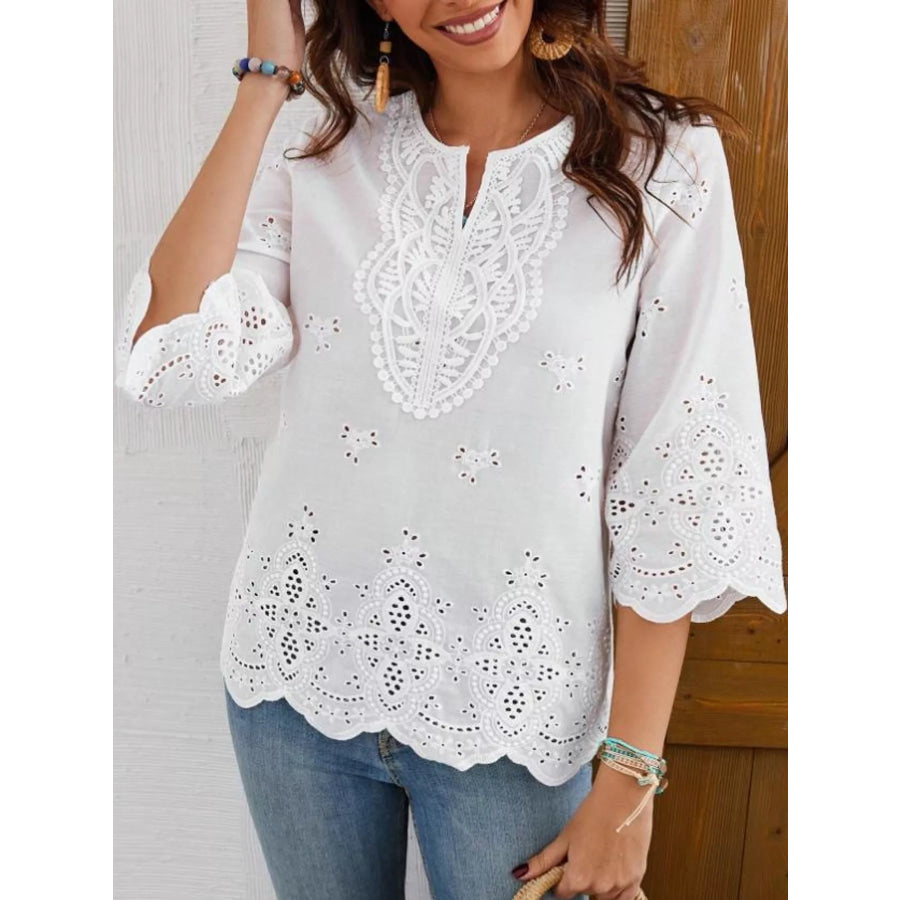 Elegant Eyelet Embroidered V-Neck Blouse White / S Apparel and Accessories