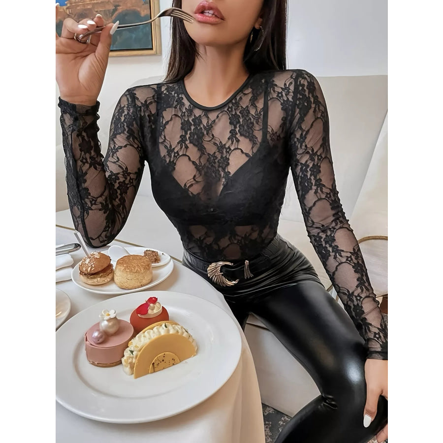 Elegant Floral Lace Long Sleeve Blouse Black / S Apparel and Accessories