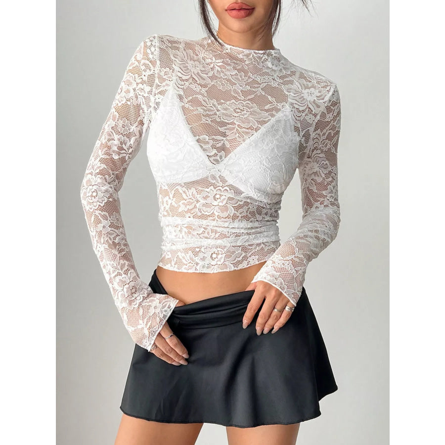 Elegant Floral Lace Long Sleeve Top White / S Apparel and Accessories