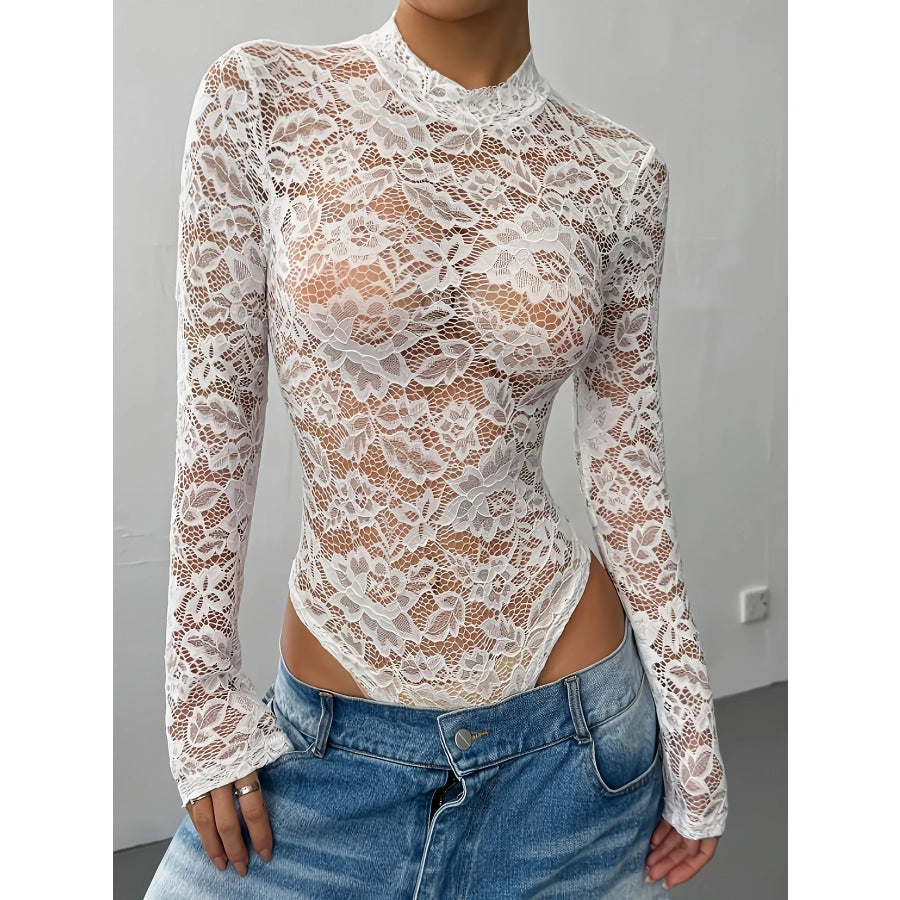 Elegant Floral Lace Mock Neck Long Sleeve Bodysuit Apparel and Accessories