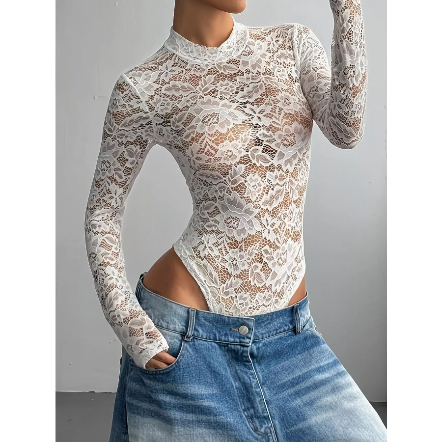Elegant Floral Lace Mock Neck Long Sleeve Bodysuit Apparel and Accessories