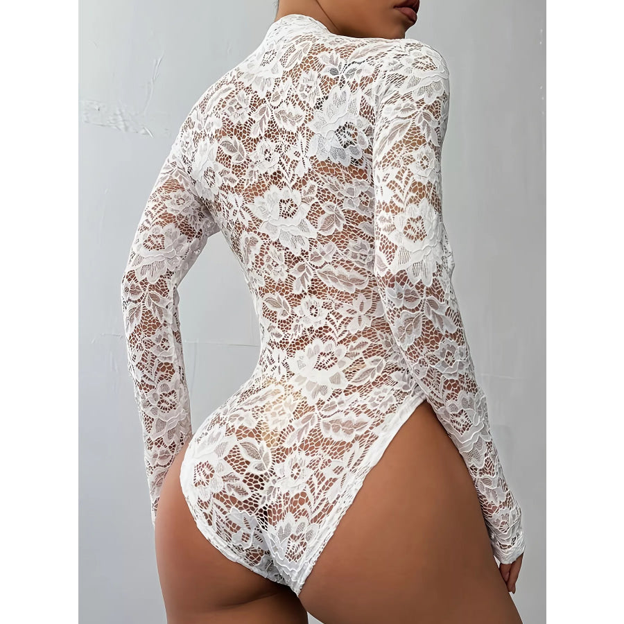 Elegant Floral Lace Mock Neck Long Sleeve Bodysuit Apparel and Accessories
