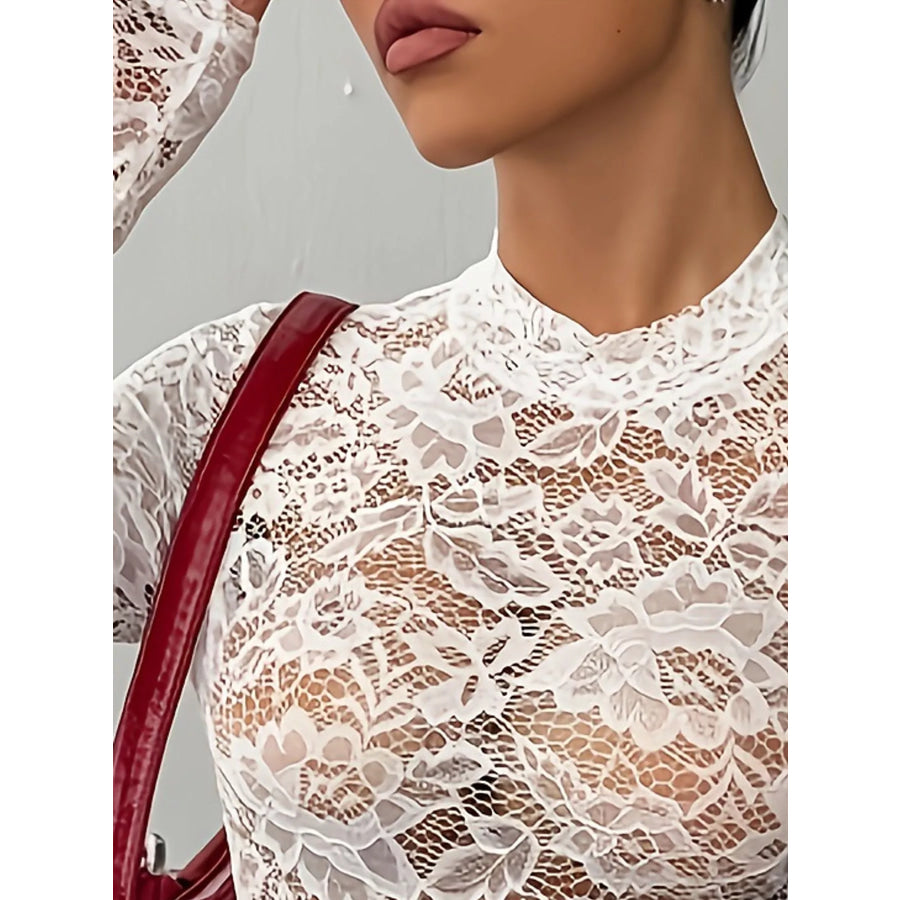 Elegant Floral Lace Mock Neck Long Sleeve Bodysuit Apparel and Accessories