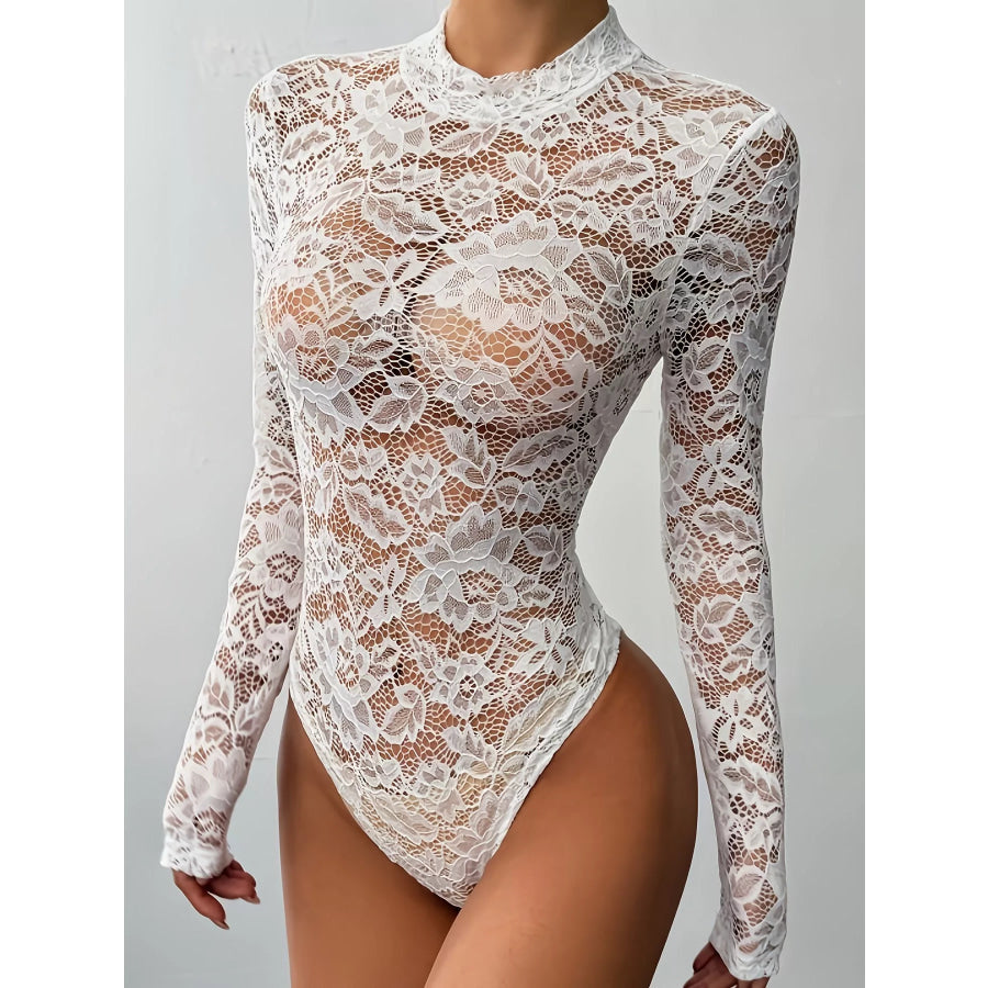Elegant Floral Lace Mock Neck Long Sleeve Bodysuit Apparel and Accessories