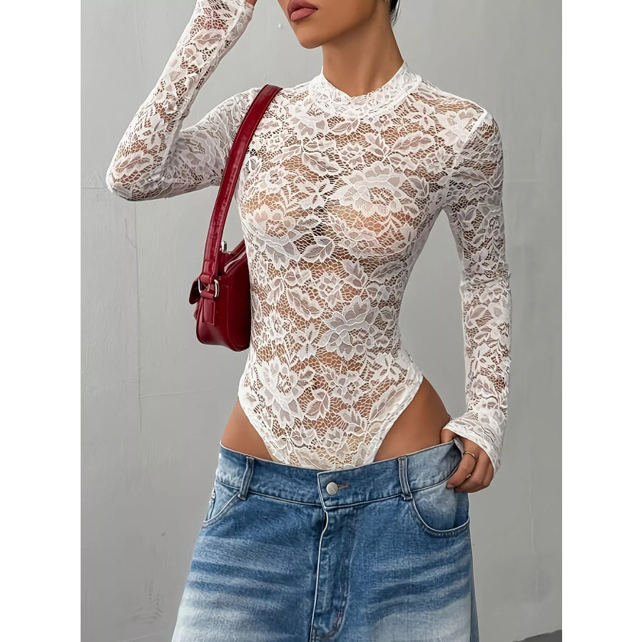 Elegant Floral Lace Mock Neck Long Sleeve Bodysuit White / XS Apparel and Accessories