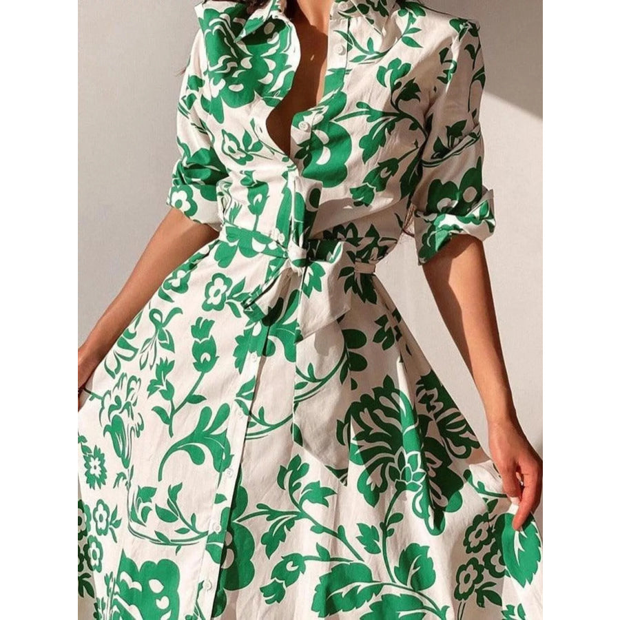 Elegant Floral Print Shirt Dress with Belt Apparel and Accessories