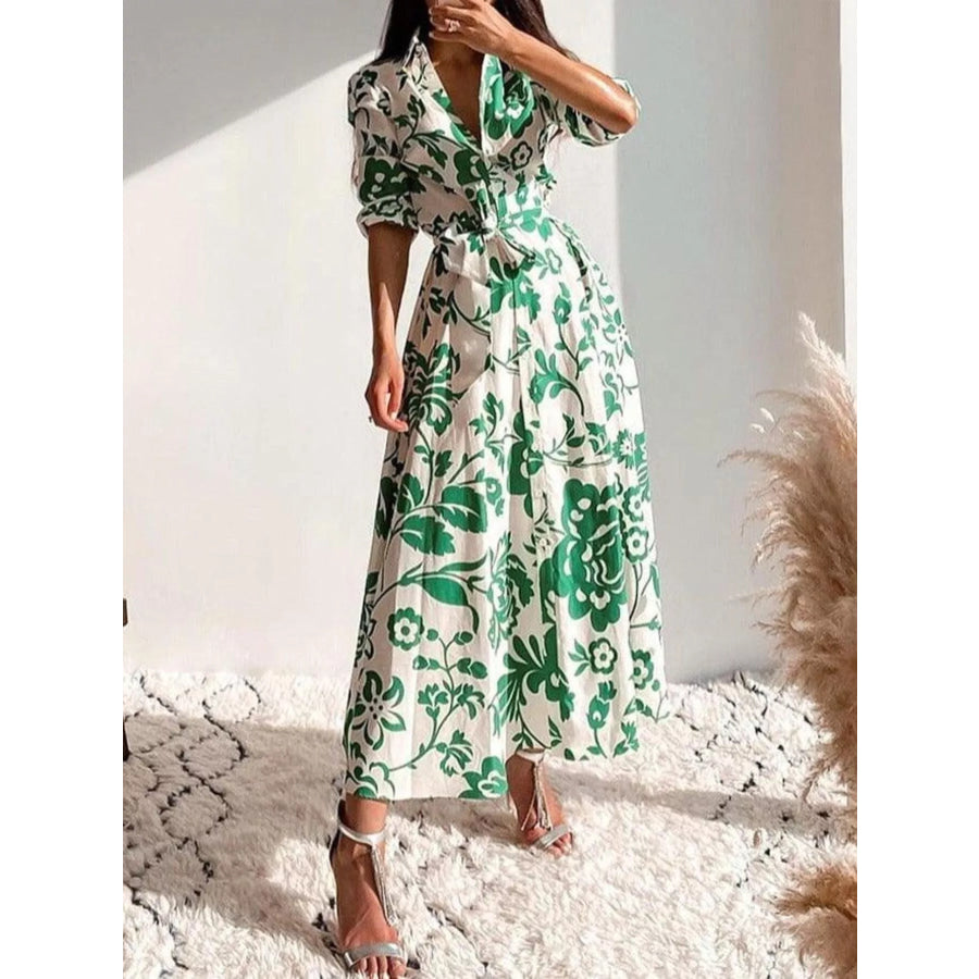 Elegant Floral Print Shirt Dress with Belt Apparel and Accessories