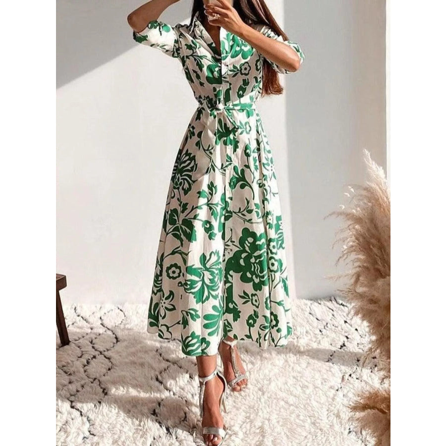 Elegant Floral Print Shirt Dress with Belt Apparel and Accessories