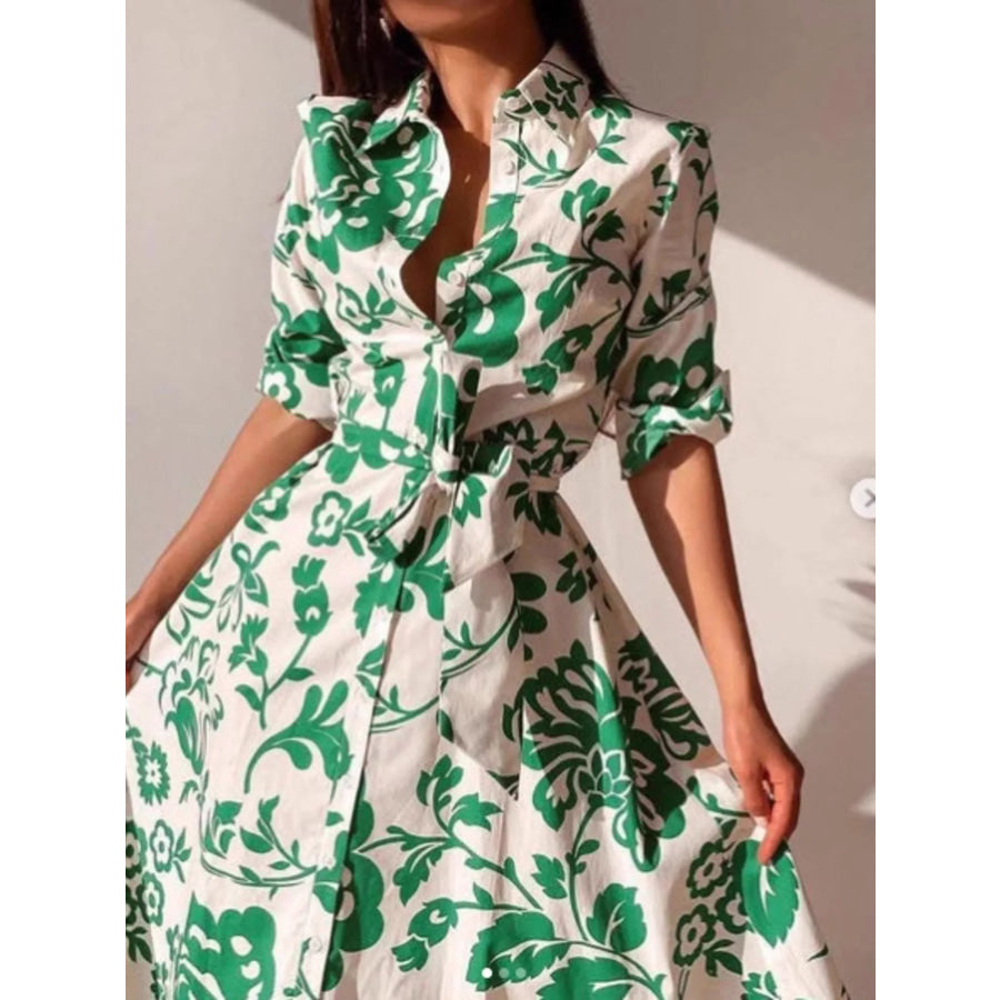 Elegant Floral Print Shirt Dress with Belt Apparel and Accessories