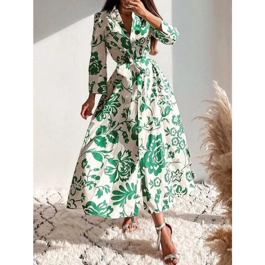 Elegant Floral Print Shirt Dress with Belt Green / S Apparel and Accessories