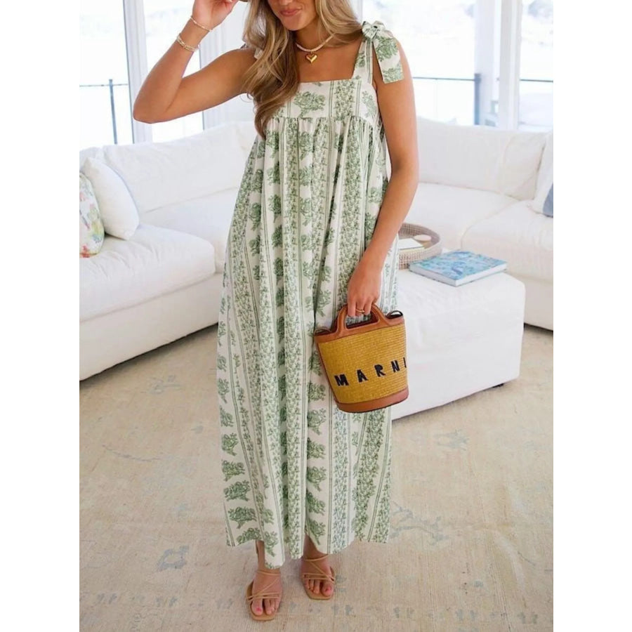 Elegant Floral Print Tie-Shoulder Dress Gum Leaf / S Apparel and Accessories