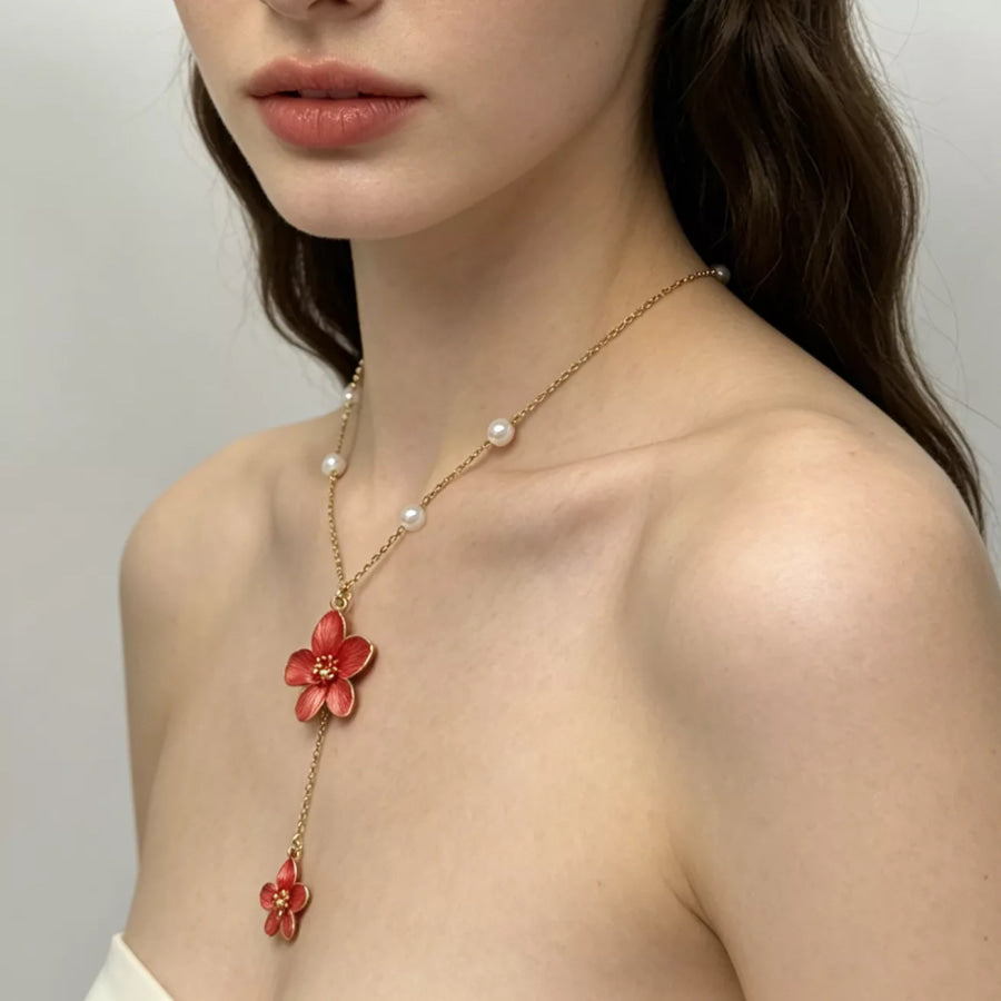 Elegant Flower Pendant Necklace with Pearl Accents Orange-Red / onesize Apparel and Accessories