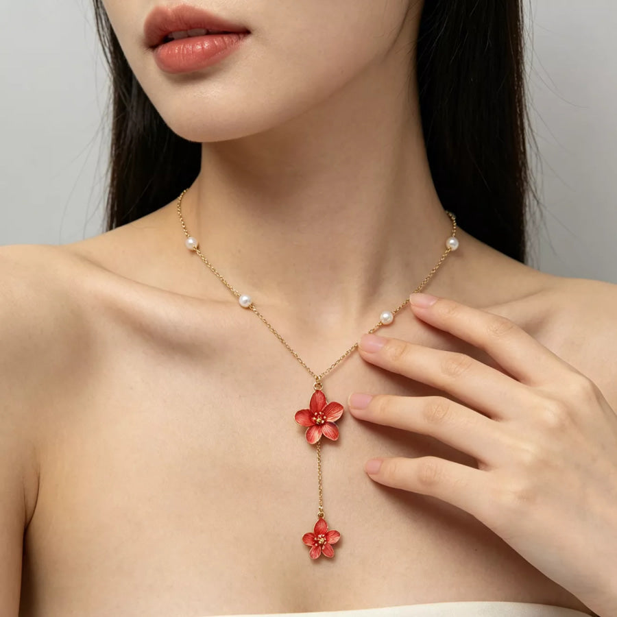 Elegant Flower Pendant Necklace with Pearl Accents Orange-Red / onesize Apparel and Accessories