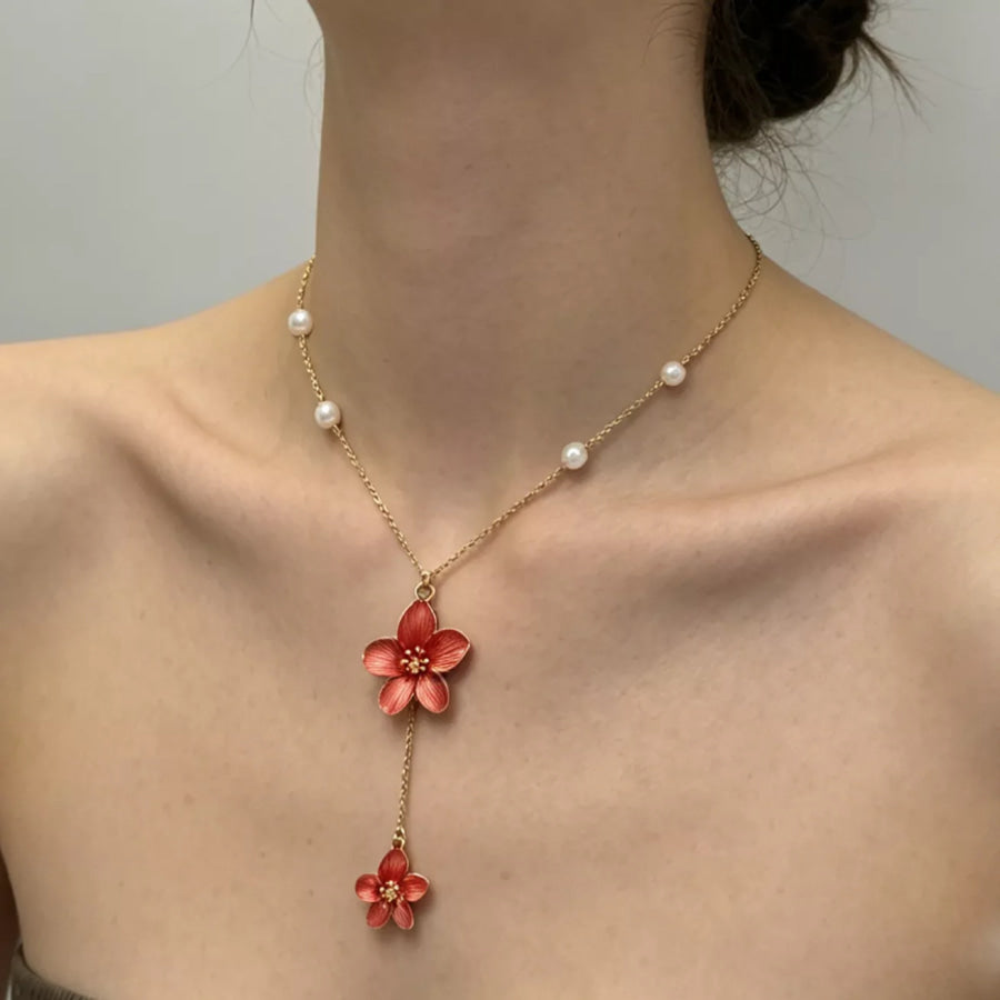 Elegant Flower Pendant Necklace with Pearl Accents Orange-Red / onesize Apparel and Accessories
