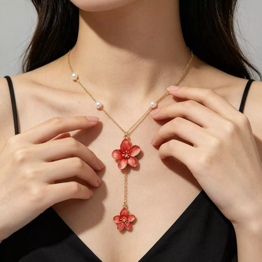 Elegant Flower Pendant Necklace with Pearl Accents Orange-Red / onesize Apparel and Accessories