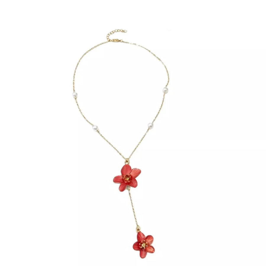 Elegant Flower Pendant Necklace with Pearl Accents Orange-Red / onesize Apparel and Accessories