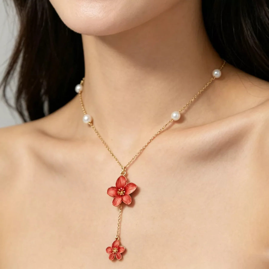 Elegant Flower Pendant Necklace with Pearl Accents Orange-Red / onesize Apparel and Accessories