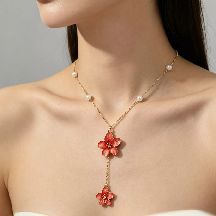 Elegant Flower Pendant Necklace with Pearl Accents Orange-Red / onesize Apparel and Accessories