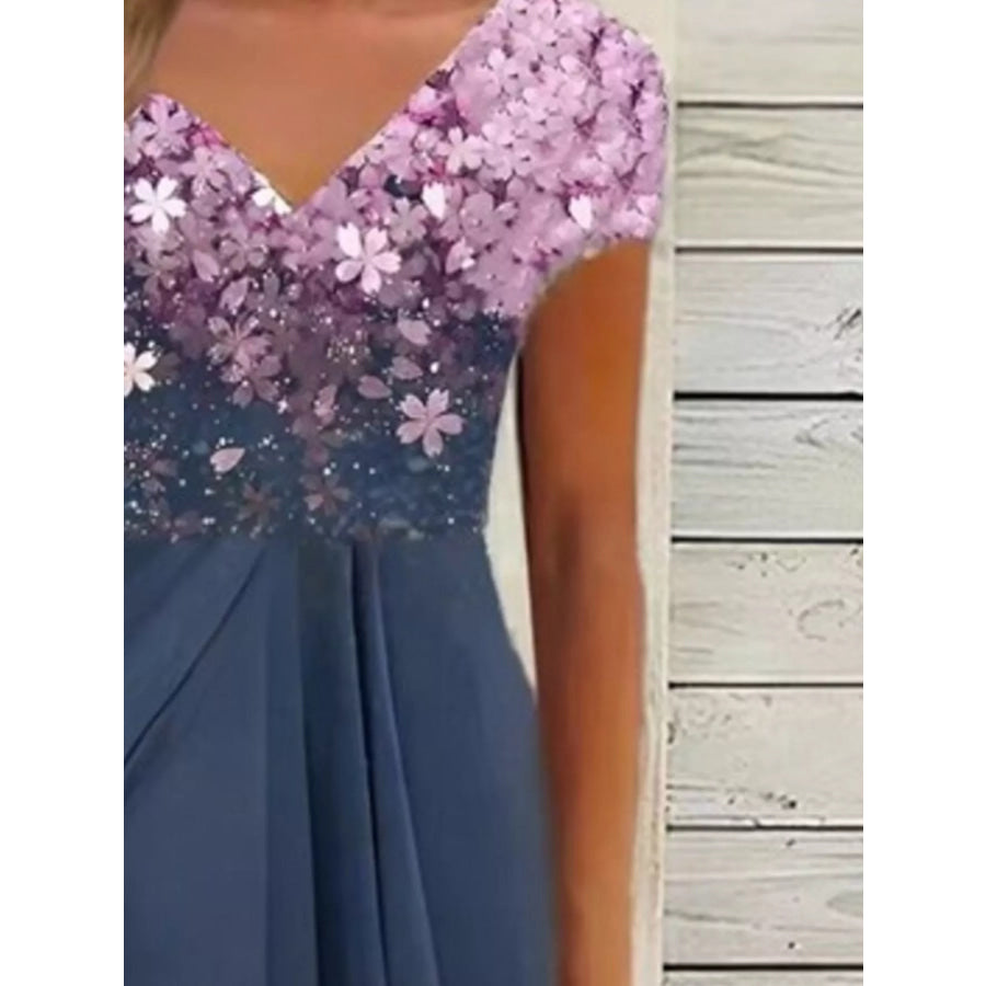 Elegant Full Size Floral V-Neck Midi Dress Plus Size Apparel and Accessories