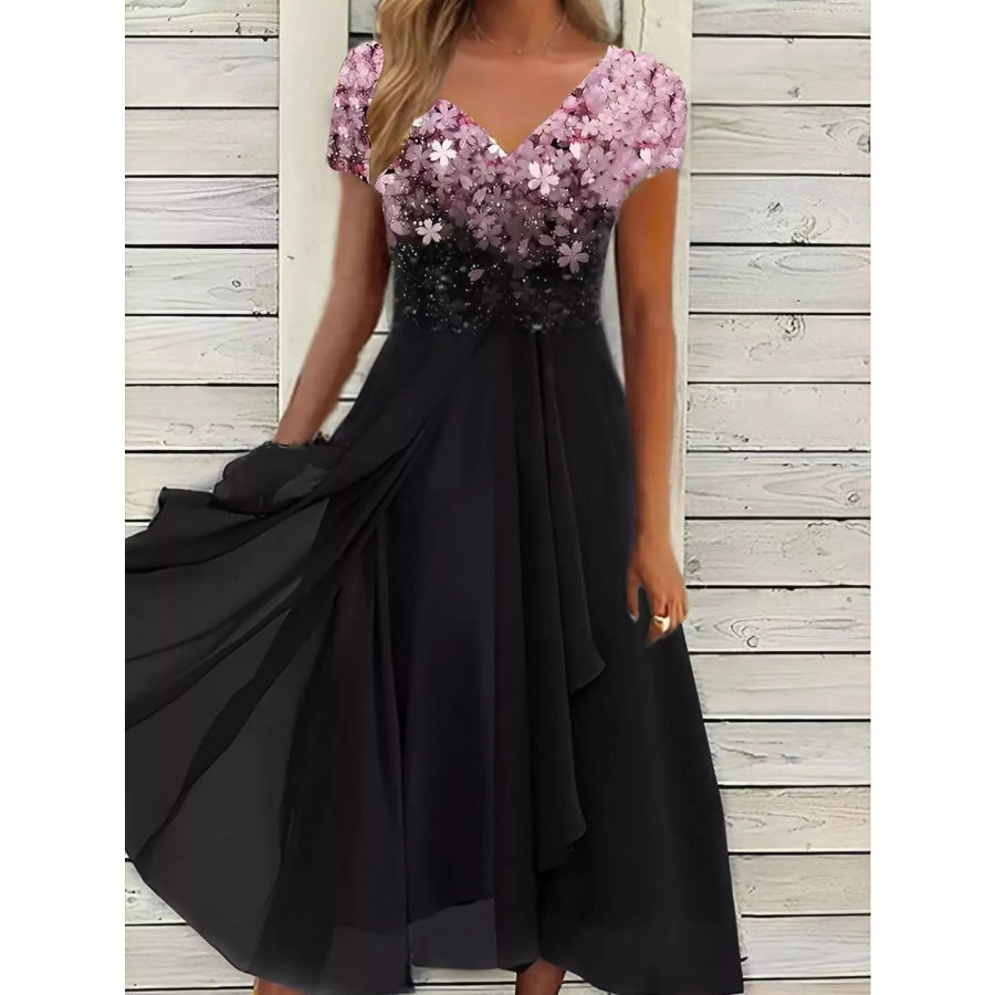 Elegant Full Size Floral V-Neck Midi Dress Plus Size Black / S Apparel and Accessories