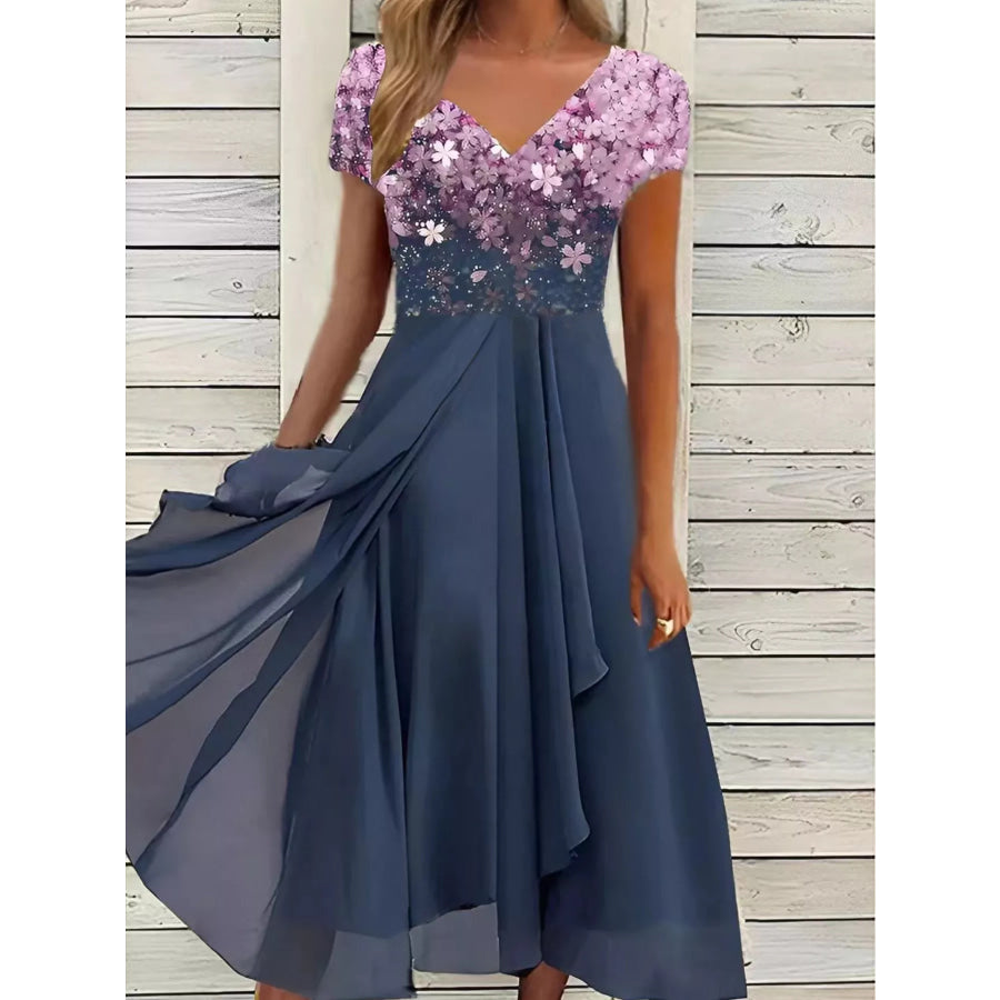 Elegant Full Size Floral V-Neck Midi Dress Plus Size Heliotrope Purple / S Apparel and Accessories