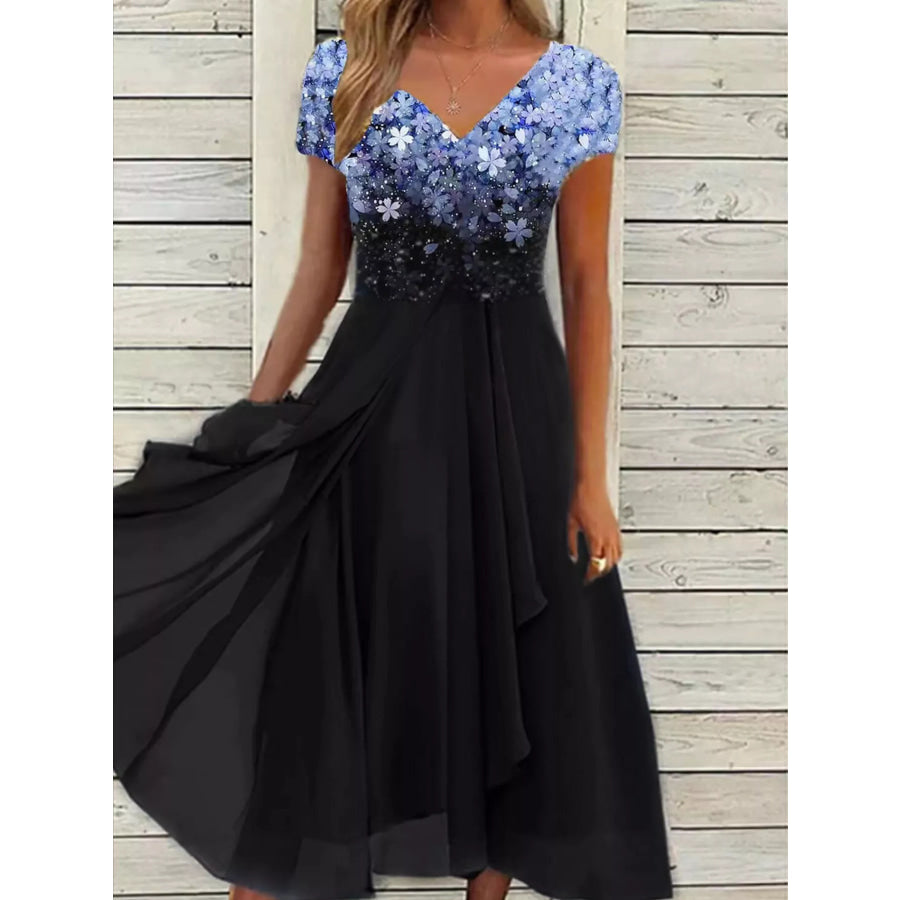 Elegant Full Size Floral V-Neck Midi Dress Plus Size Sky Blue / S Apparel and Accessories
