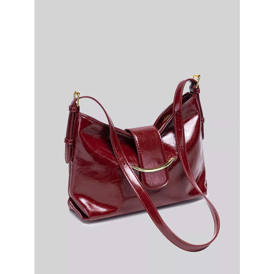 Elegant Glossy Patent Leather Shoulder Bag with Crescent Gold Accent Wine Red / onesize Apparel and Accessories