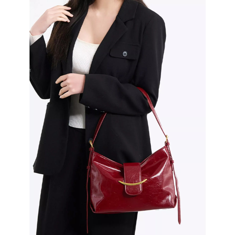 Elegant Glossy Patent Leather Shoulder Bag with Crescent Gold Accent Wine Red / onesize Apparel and Accessories