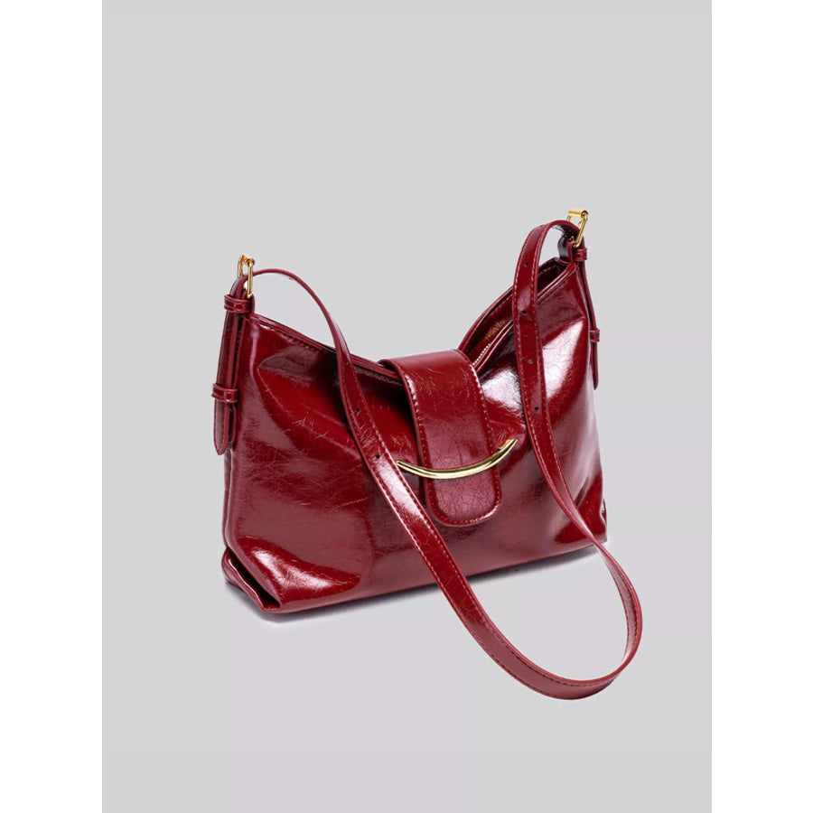 Elegant Glossy Patent Leather Shoulder Bag with Crescent Gold Accent Wine Red / onesize Apparel and Accessories