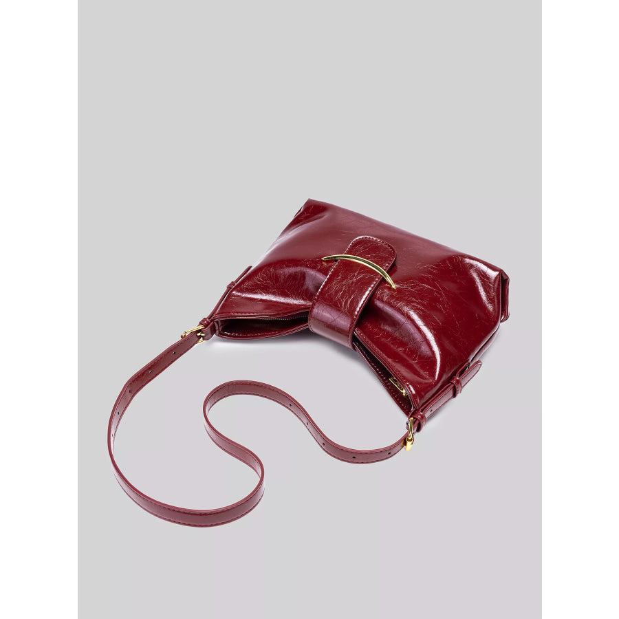 Elegant Glossy Patent Leather Shoulder Bag with Crescent Gold Accent Wine Red / onesize Apparel and Accessories