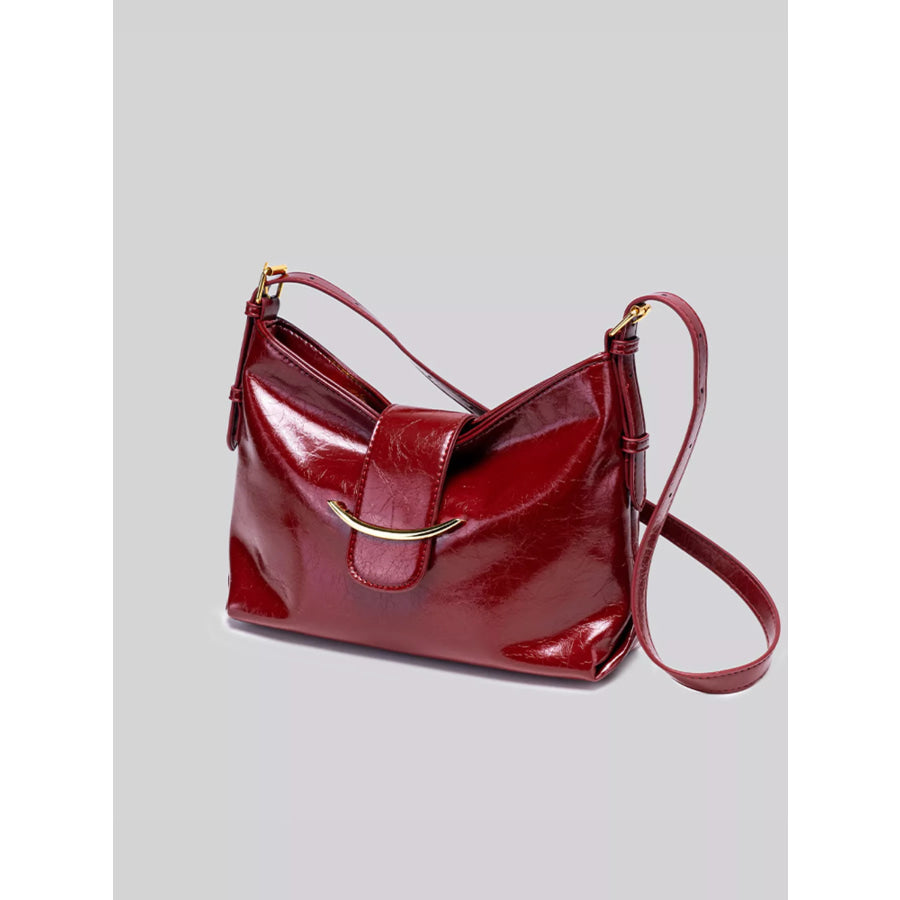 Elegant Glossy Patent Leather Shoulder Bag with Crescent Gold Accent Wine Red / onesize Apparel and Accessories