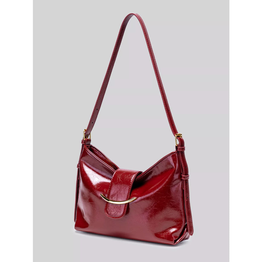 Elegant Glossy Patent Leather Shoulder Bag with Crescent Gold Accent Wine Red / onesize Apparel and Accessories