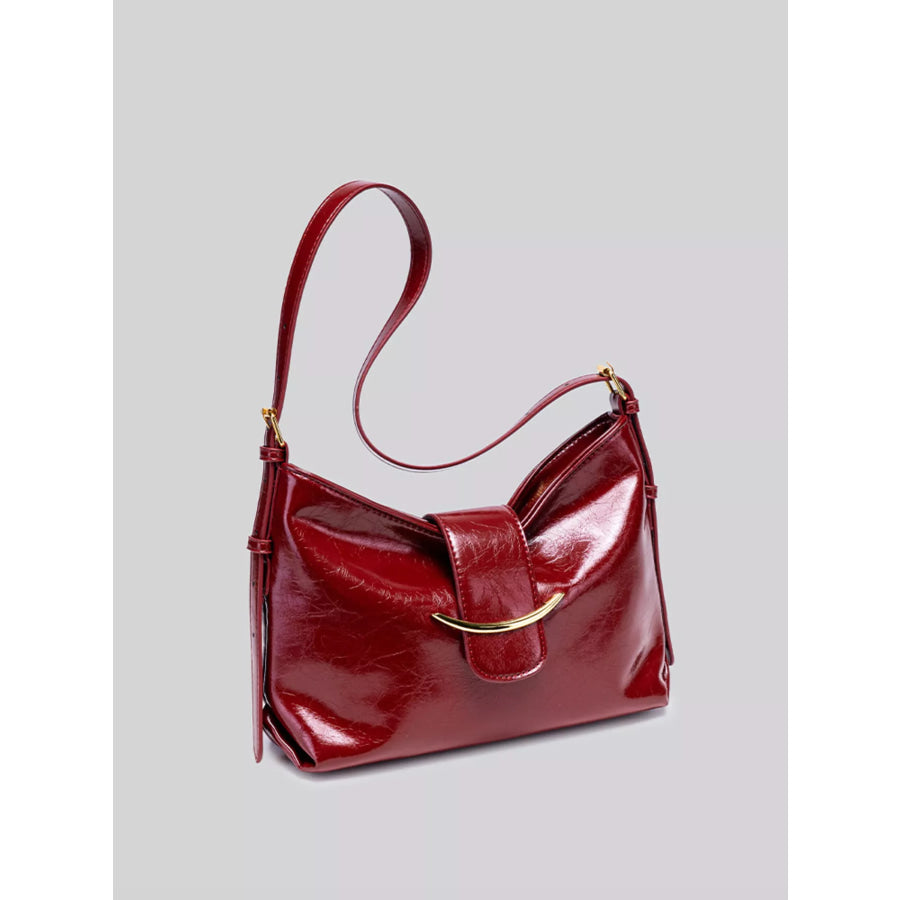 Elegant Glossy Patent Leather Shoulder Bag with Crescent Gold Accent Wine Red / onesize Apparel and Accessories
