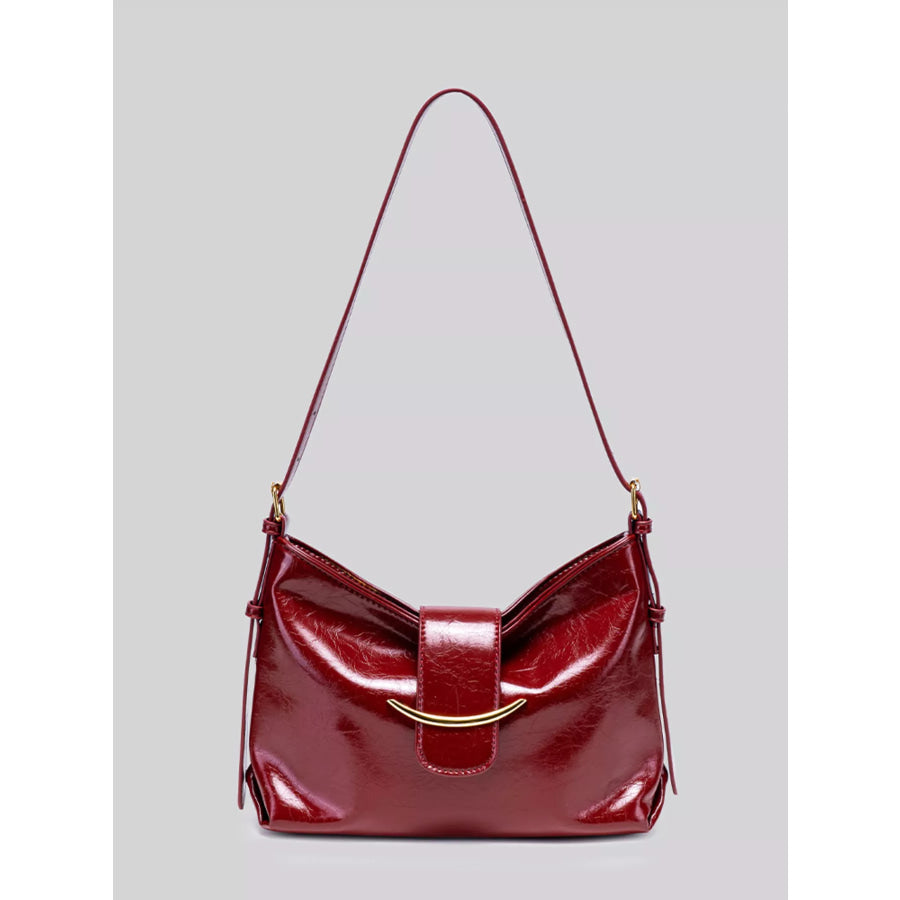 Elegant Glossy Patent Leather Shoulder Bag with Crescent Gold Accent Wine Red / onesize Apparel and Accessories