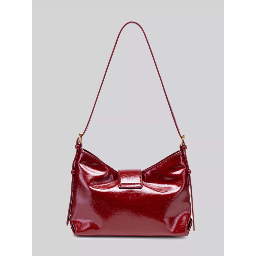 Elegant Glossy Patent Leather Shoulder Bag with Crescent Gold Accent Wine Red / onesize Apparel and Accessories
